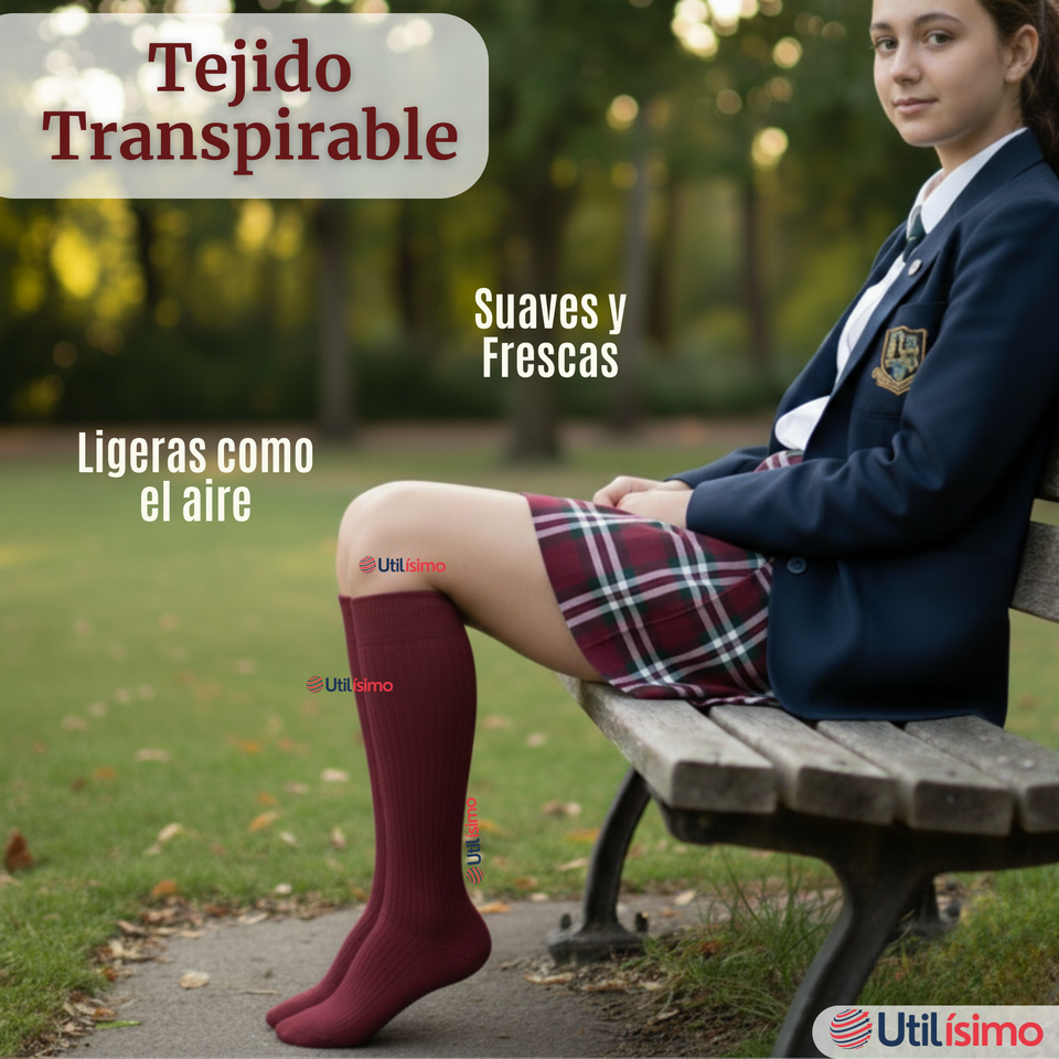 Pack 3 Calcetínes Escolares Largo Acrílico Burdeo Niñas Juvenil Color Vino