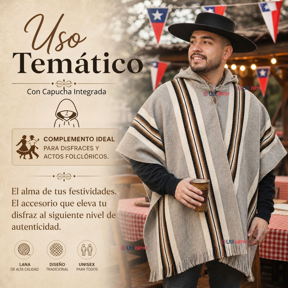 Poncho Mapuche Lana Alpaca Con Capucha Unisex Fiestas Patrias