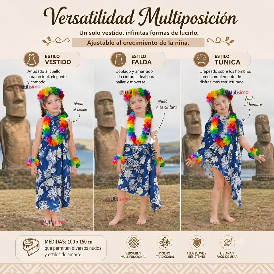 Pack 3 Trajes Páscuense Pareo Hawaiano Azul Niña Con Accesorios