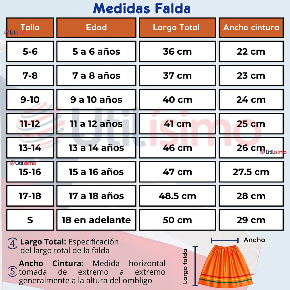Traje Nortino Niña 3 piezas Naranja Baile Típico Fiestas Patrias