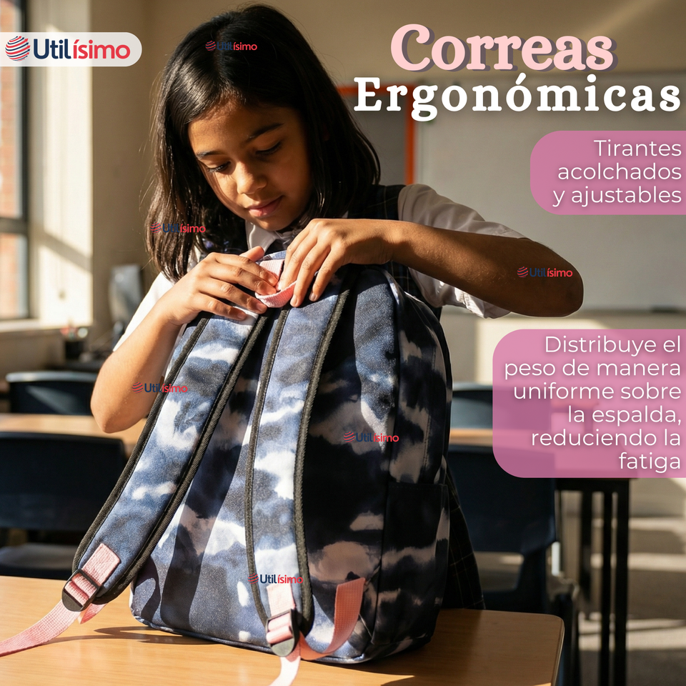 Mochila Escolar + Estuche + Lonchera 43cm Tela Oxford Azul Oscuro Niña