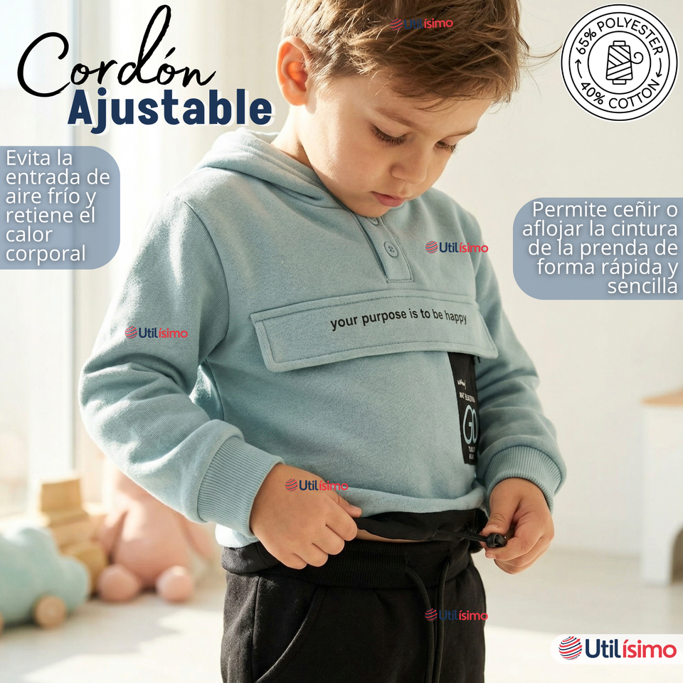 Conjunto 2 Piezas Buzo Pantalón Y Polerón Con Capucha Azul Niño