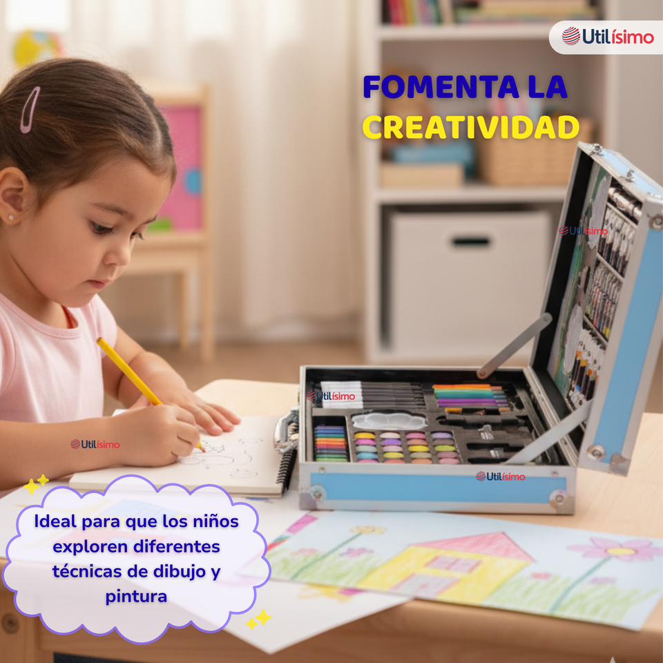 Set 145 Piezas Arte Infantil Dibujo Maletín Metálico Completo Incluye Lápices Marcadores Pinturas Pasteles Y Accesorios