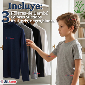 Pack 3 Camisetas Poleras Bambú Primera Capa Cuello Beatle Manga Larga Colores Surtidos Niño