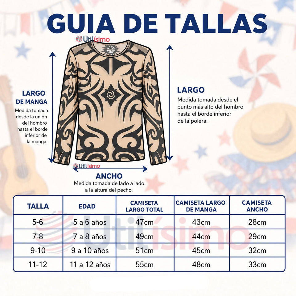 Pack 3 Poleras Diseño Tattoo Niño Rapa Nui Estilo Pascuense Traje Danza