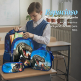 Mochila Escolar Bolso Con Efecto 3D Estuche + Lonchera 40Cm Tela Oxford Niño Dinosaur