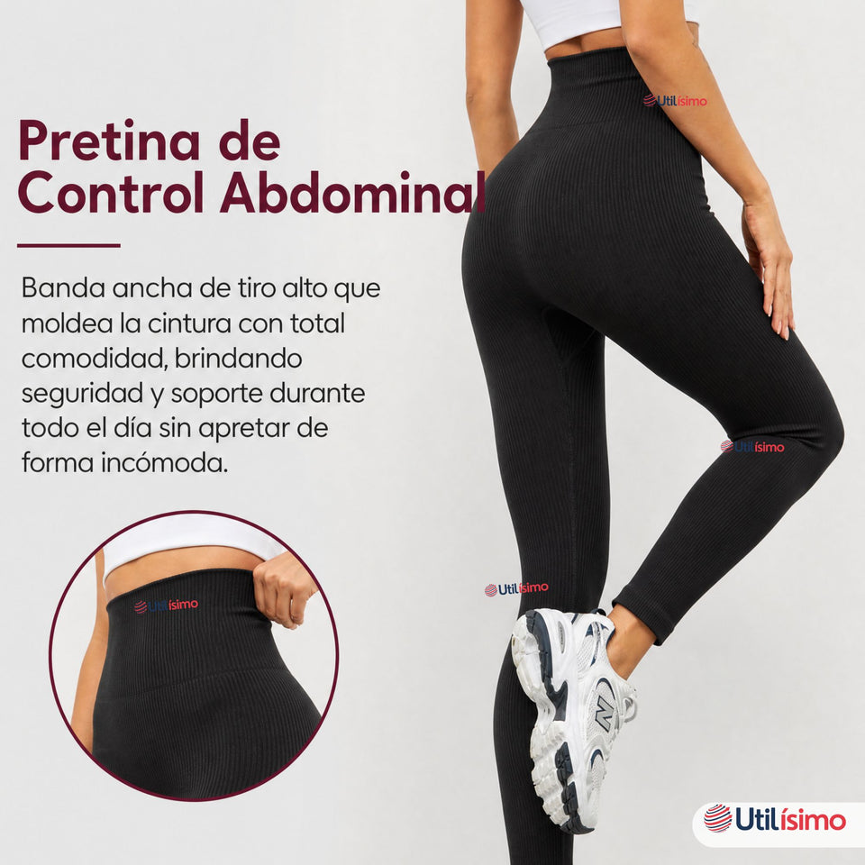 Calza Acanalada Cotelé Polar Con Chiporro Térmica Mujer Elásticada Negra