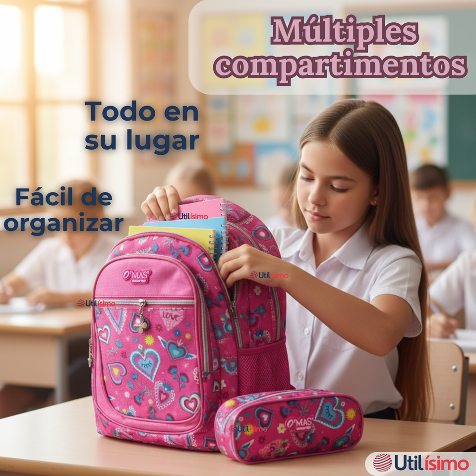 Mochila Escolar Con Estuche 36cm Tela Oxford Impermeable Niña
