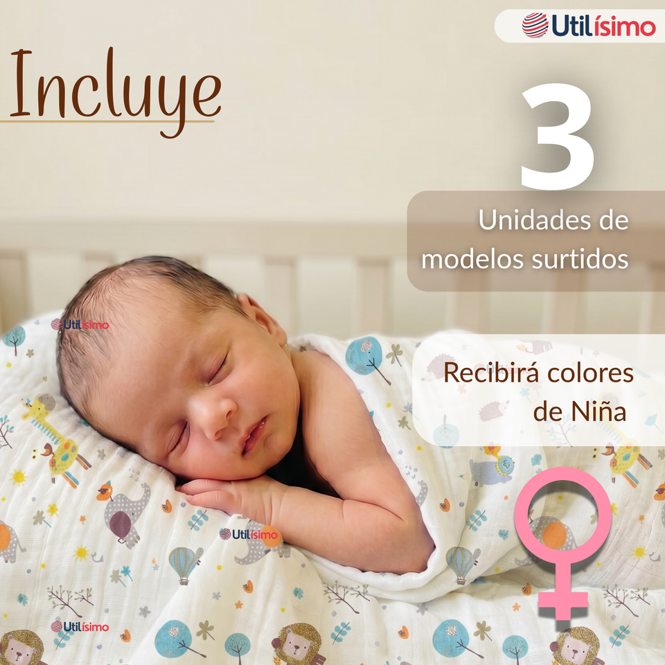 Pack 3 Mantas Muselina 70x 70 CM Bebé Niño Multiuso 100% Algodón Colores Surtidos