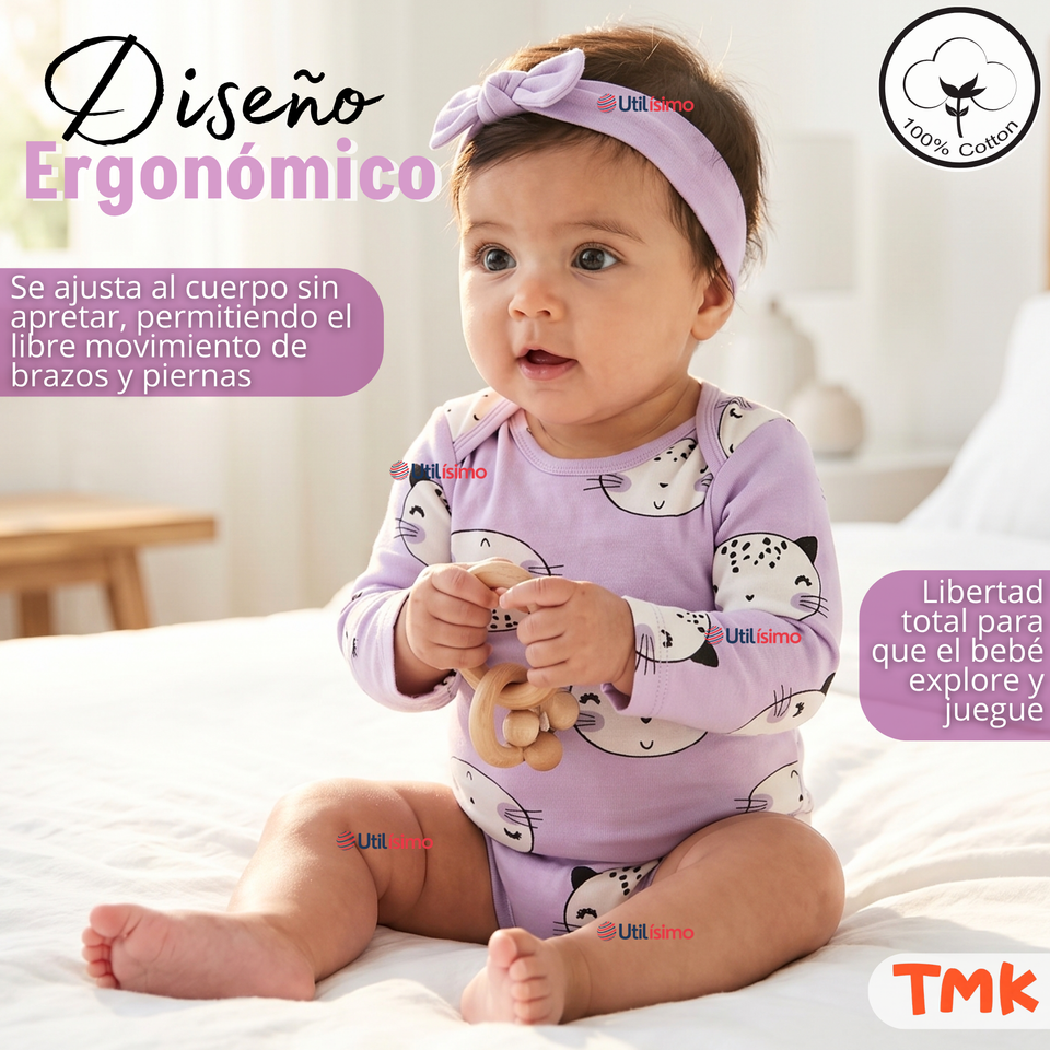 Pack 5 Bodys Manga Larga 100% Algodón Tedmimak Lilac Cats Bebé Niña