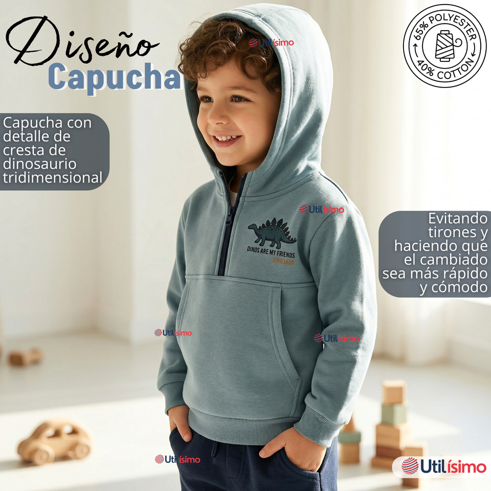 Conjunto 2 Piezas Buzo Pantalón Y Polerón Con Capucha Azul Dinosaurio Niño