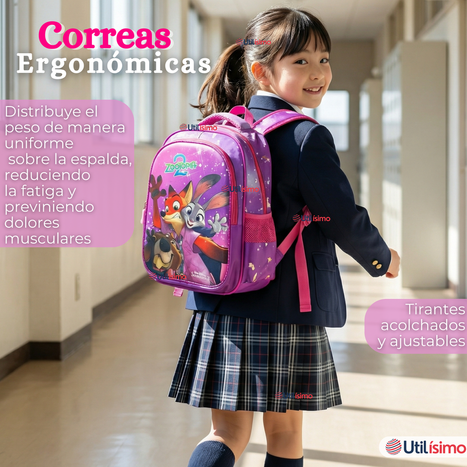 Mochila Escolar Con Ruedas + Estuche + Lonchera 46cm Desmontable Poliéster Fucsia Zootopia Niña