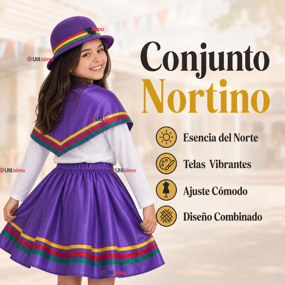 Pack 3 Trajes Nortinos Juveniles Con Poleras 4 Piezas Morado Baile Típico Fiestas Patrias
