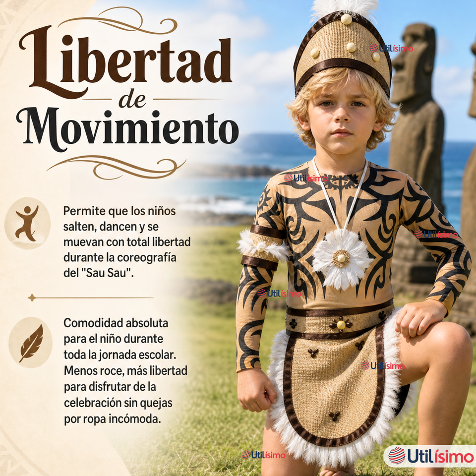 Traje Pascuense Completo 5 Piezas Polera Tatuajes NIño Rapa Nui Fiestas Patrias