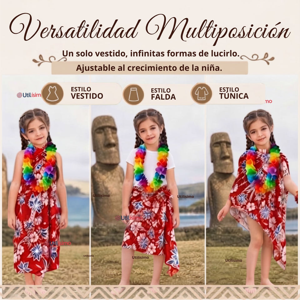Traje Pareo Pascuense Hawaiano Rojo con Collar Niña Fiestas Patrias