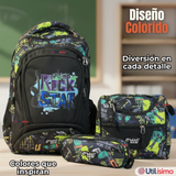Mochila Escolar Kit Con Estuche y Lonchera 43cm Tela Oxford Rock Star Niño