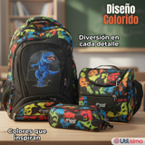 Mochila Escolar Kit Con Estuche y Lonchera 43cm Tela Oxford Dino Niño