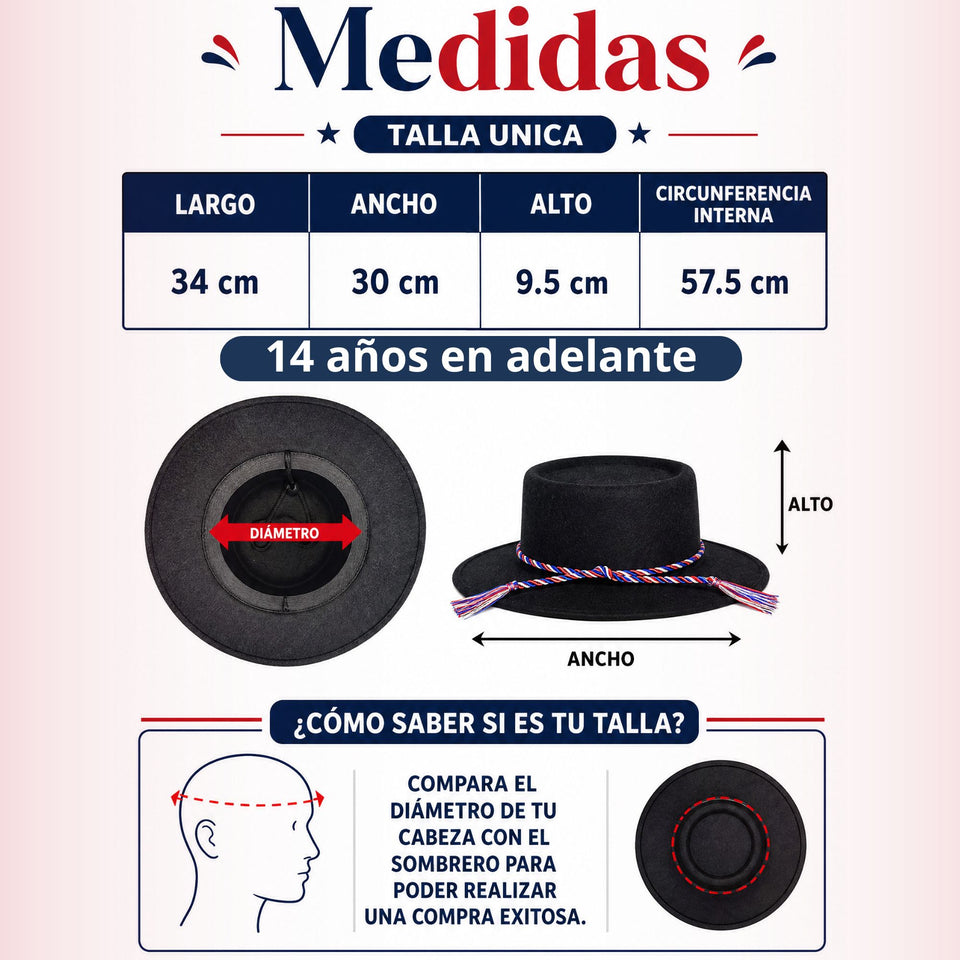 Sombrero Huaso Negro Tradicional Bandera Chile Fiestas Patrias