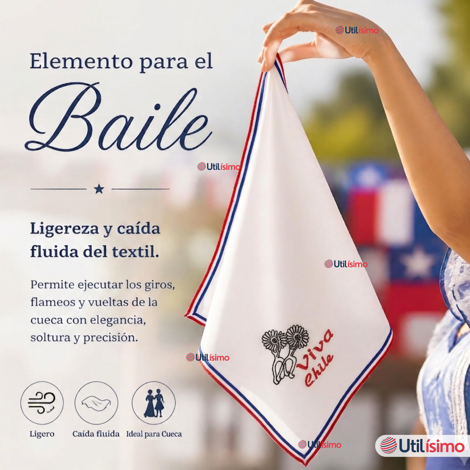 Pañuelo Baile Cueca 45cm Bordado Espuelas Algodón Fiestas Patrias