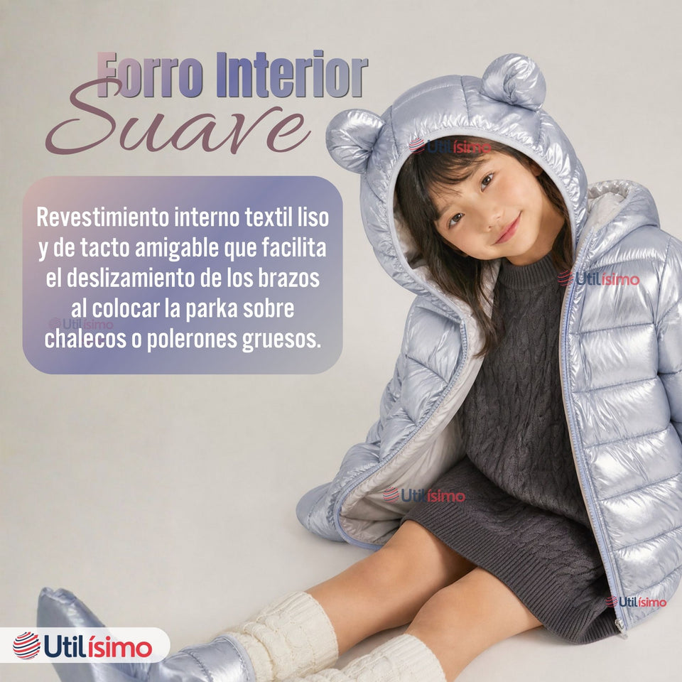 Parka Bebé Niña Gris Metálica Térmica Acolchada Con Orejitas Gray Shiny