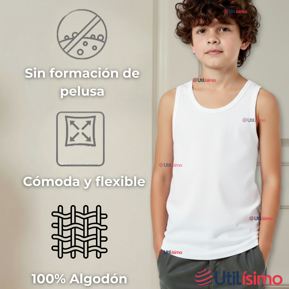 Camiseta Sin Manga Básica Suave 100% Algodón Blanco Juvenil