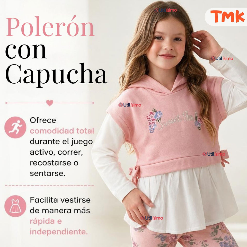 Conjunto 2 Piezas Polerón con Capucha y Pantalón 100% Algodón Niña Tedmimak Sweet flowers