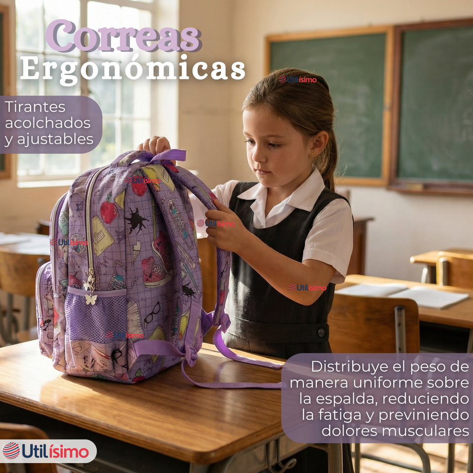 Mochila Escolar Con Estuche 43cm Tela Oxford Lila Niña