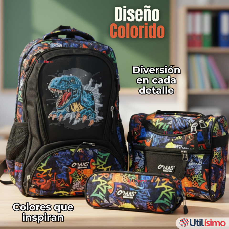 Mochila Escolar Kit Con Estuche y Lonchera 43cm Tela Oxford Dino Niño
