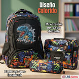 Mochila Escolar Kit Con Estuche y Lonchera 43cm Tela Oxford Dino Niño
