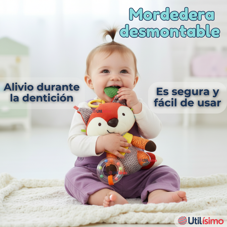 Juguete Peluche Animales Sensorial Con Mordedor Y Sonajero Diseño Zorrito Niña y Niño