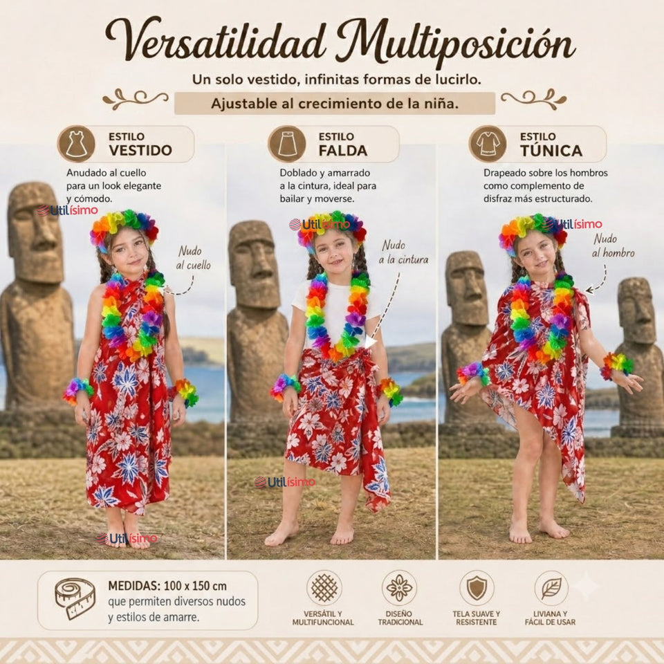 Pack 3 Trajes Páscuense Pareo Hawaiano Rojo Niña Con Accesorios