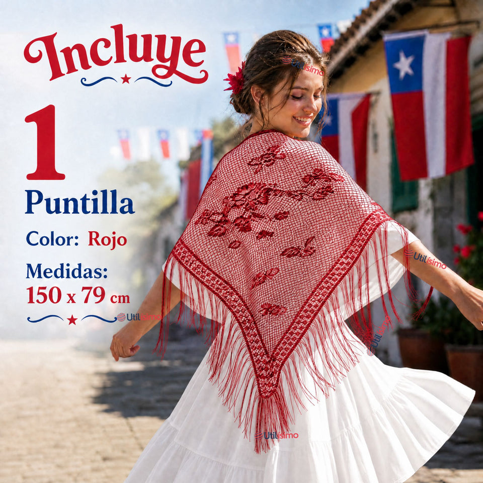 Puntilla Chal Rojo Baile Chilote Mujer Traje Típico 150x79 cm
