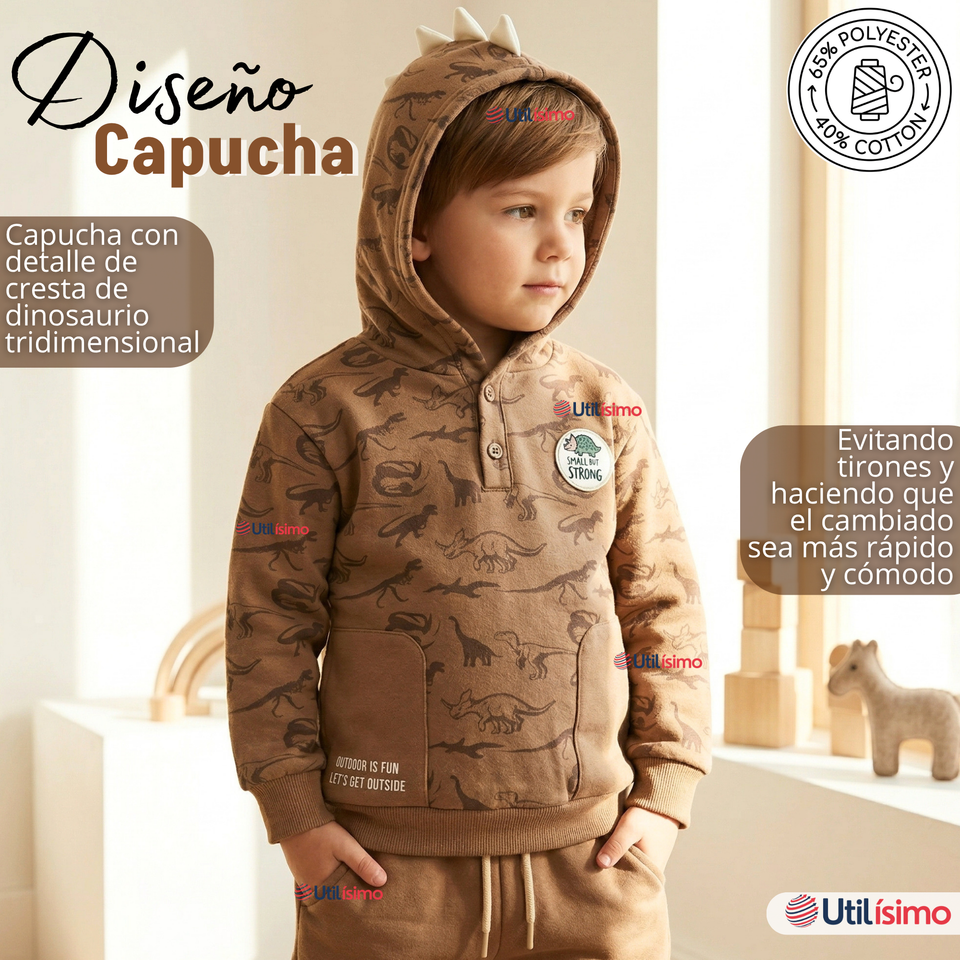 Conjunto 2 Piezas Buzo Pantalón Y Polerón Con Capucha Beige Dinosaurio Niño
