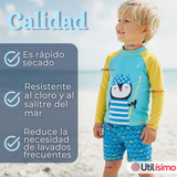 Traje de Baño Manga Larga Pantalón Corto 2 Piezas Corte Split Niño 3 a 9 años Blue Penguin