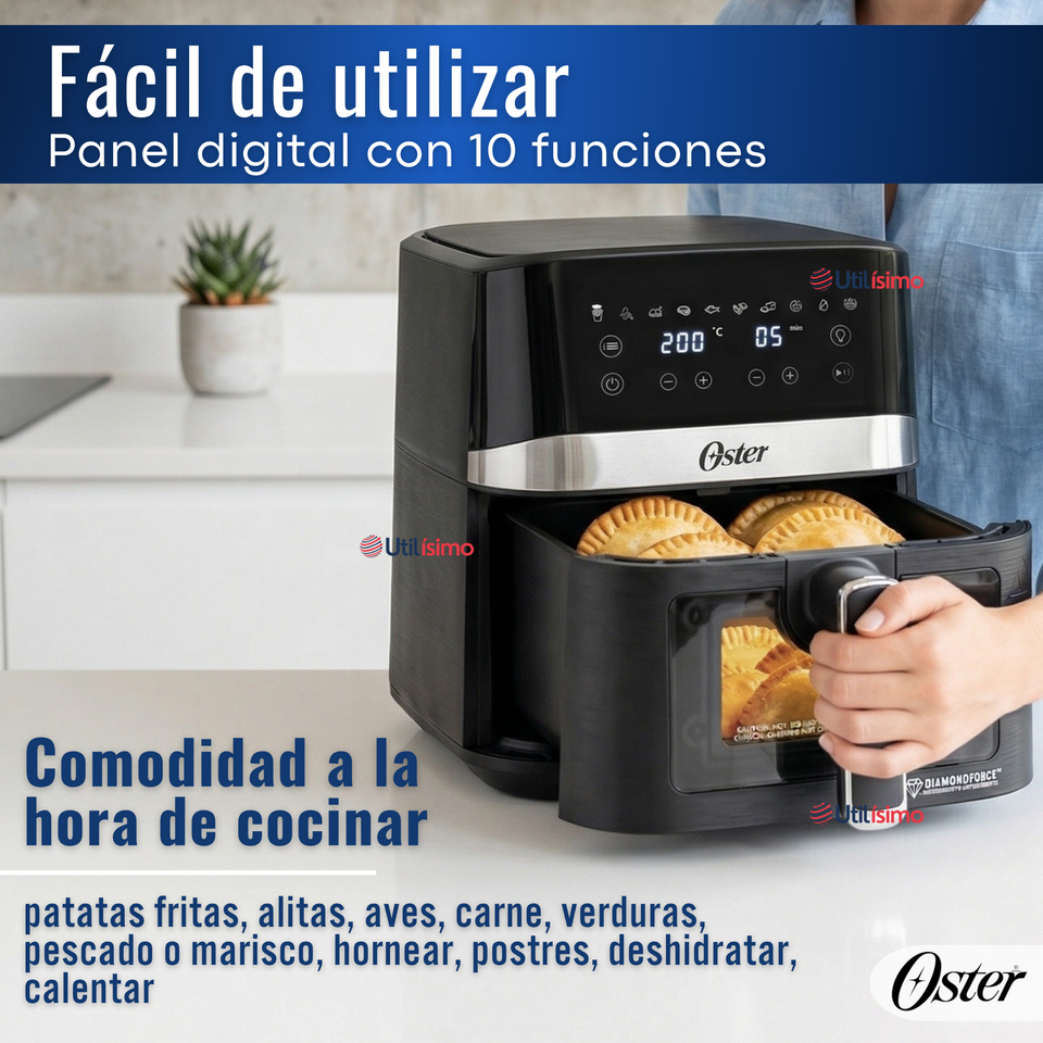 Freidora de aire digital Oster® con recubrimiento Oster® DiamondForce, 4L de capacidad, CKSTAF40WDDF 1300W
