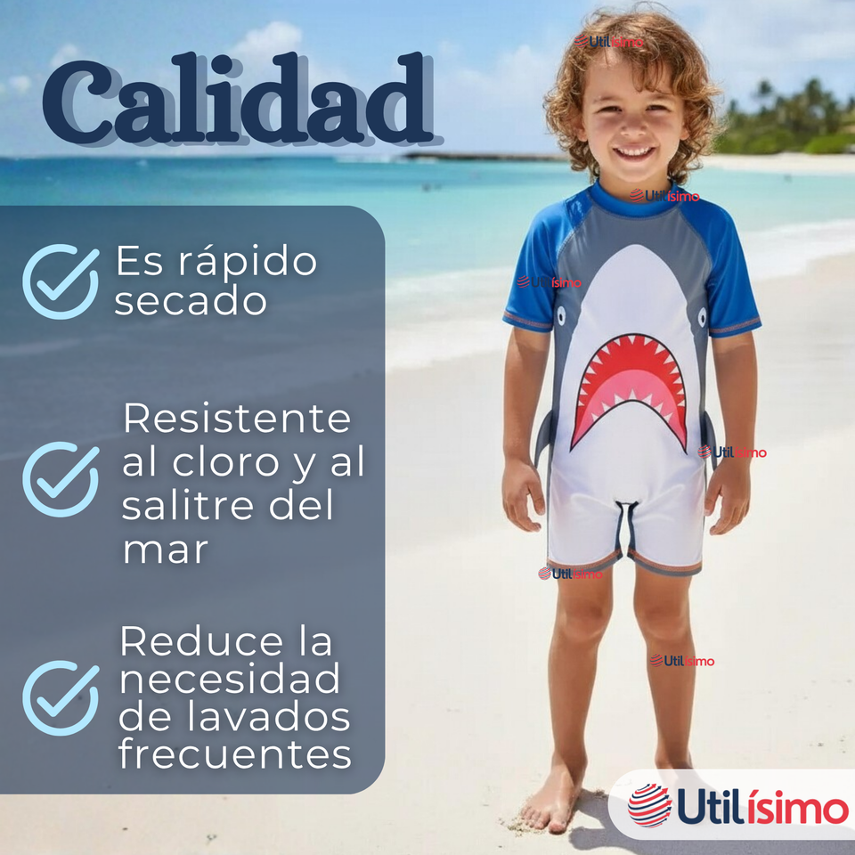 Traje de Baño Enterito Con Cremallera Manga Larga Niño 2 a 6 años Gray Shark