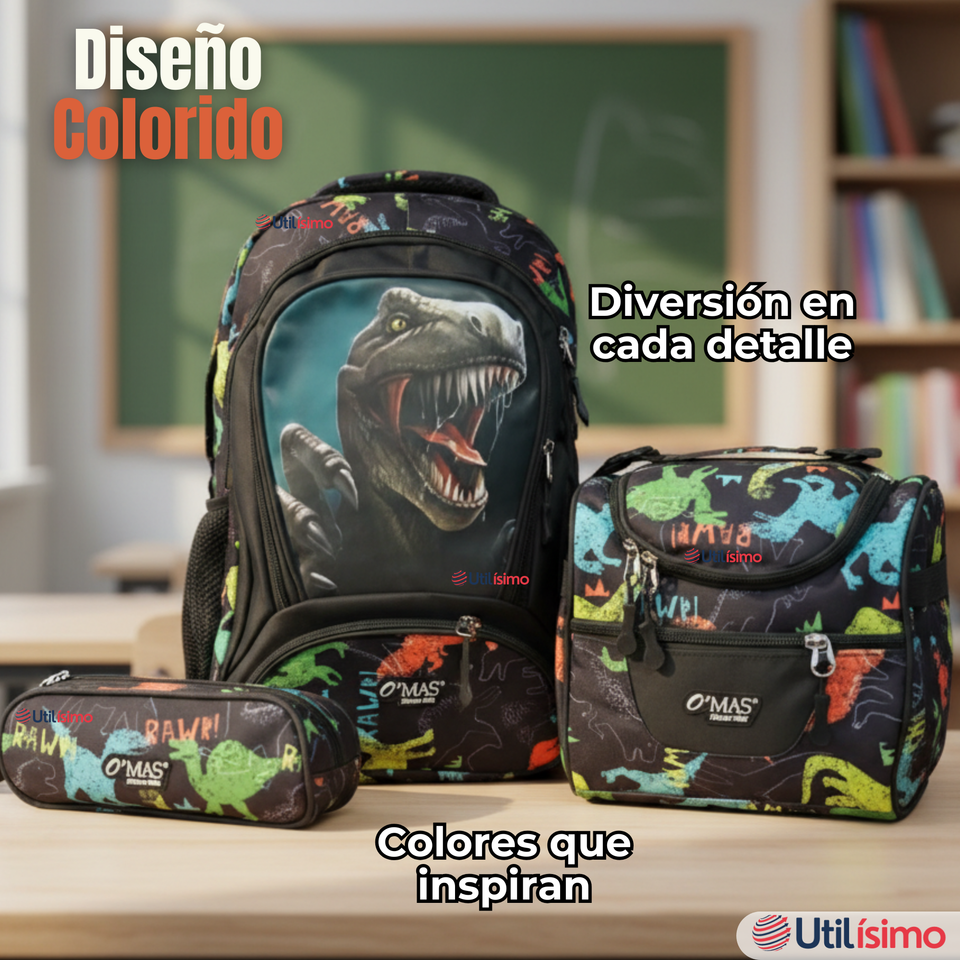 Mochila Escolar Kit Con Estuche y Lonchera 43cm Tela Oxford Dino Niño