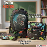 Mochila Escolar Kit Con Estuche y Lonchera 43cm Tela Oxford Dino Niño
