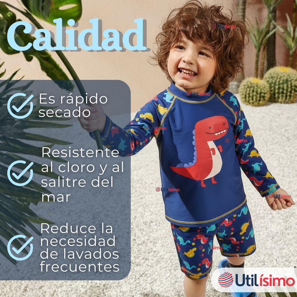 Traje de Baño Manga Larga Pantalón Corto 2 Piezas Corte Split Niño 3 a 9 años Blue Dinosaur