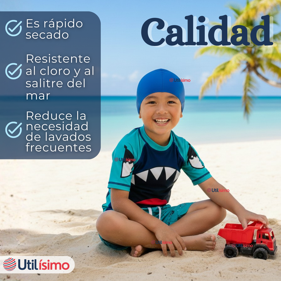 Traje de Baño Con Gorro Pantalón Corto Manga Corta 3 Piezas Corte Split Niño 2 a 8 años Blue Shark