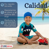 Traje de Baño Con Gorro Pantalón Corto Manga Corta 3 Piezas Corte Split Niño 2 a 8 años Blue Shark