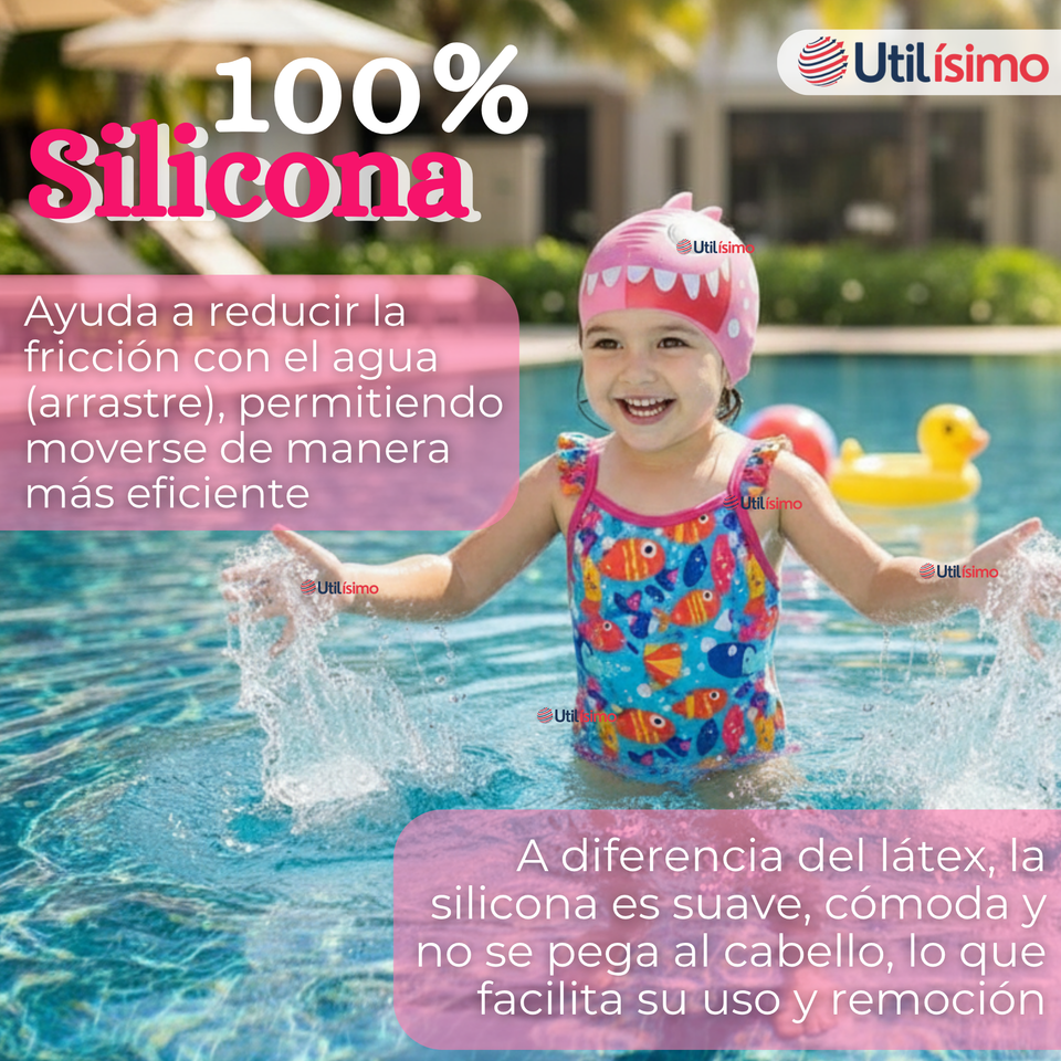 Gorro Gorra Natación Baño Diseño Tiburón Silicona Colores Surtidos 3 Años En Adelante Niña