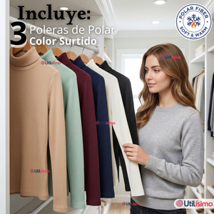 Pack 3 Camisetas Poleras Polar Primera Capa Acanalada Cuello Beatle Manga Larga Colores Surtidos Mujer