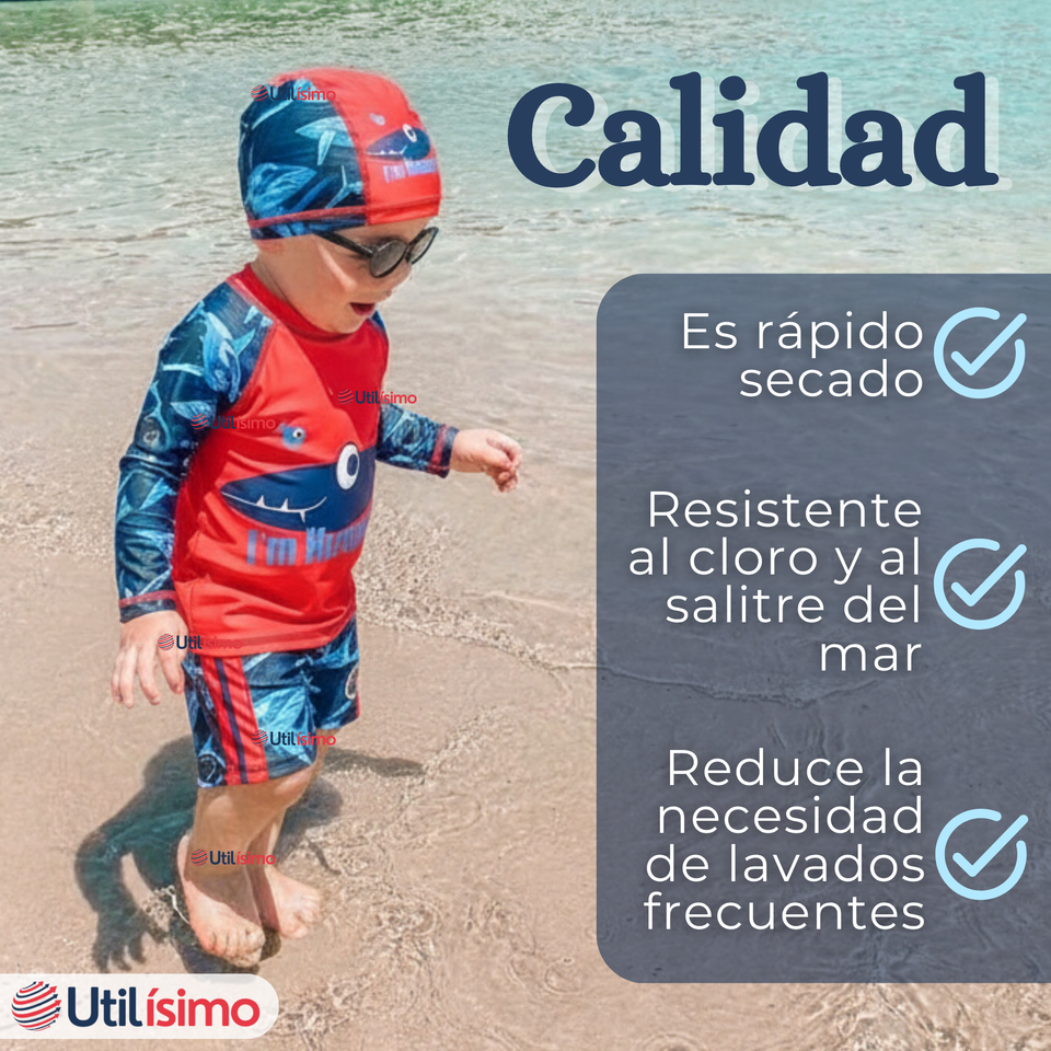 Traje de Baño Con Gorro Pantalón Corto Manga Larga 3 Piezas Corte Split Niño 1 a 5 años Red Whale