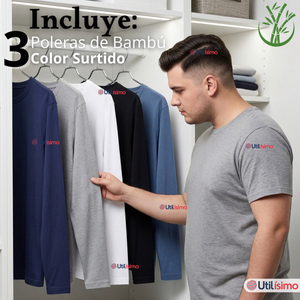 Pack 3 Camisetas Poleras Bambú Primera Capa Manga Larga Colores Surtidos Hombre