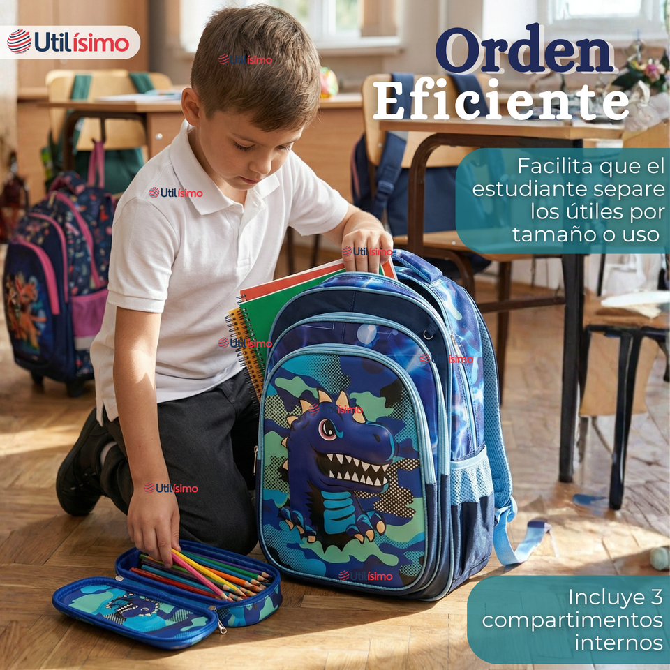 Mochila Escolar + Estuche + Lonchera 40cm Tela Oxford Azul Dinosaurio 3D Niño