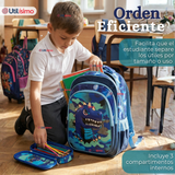 Mochila Escolar + Estuche + Lonchera 40cm Tela Oxford Azul Dinosaurio 3D Niño