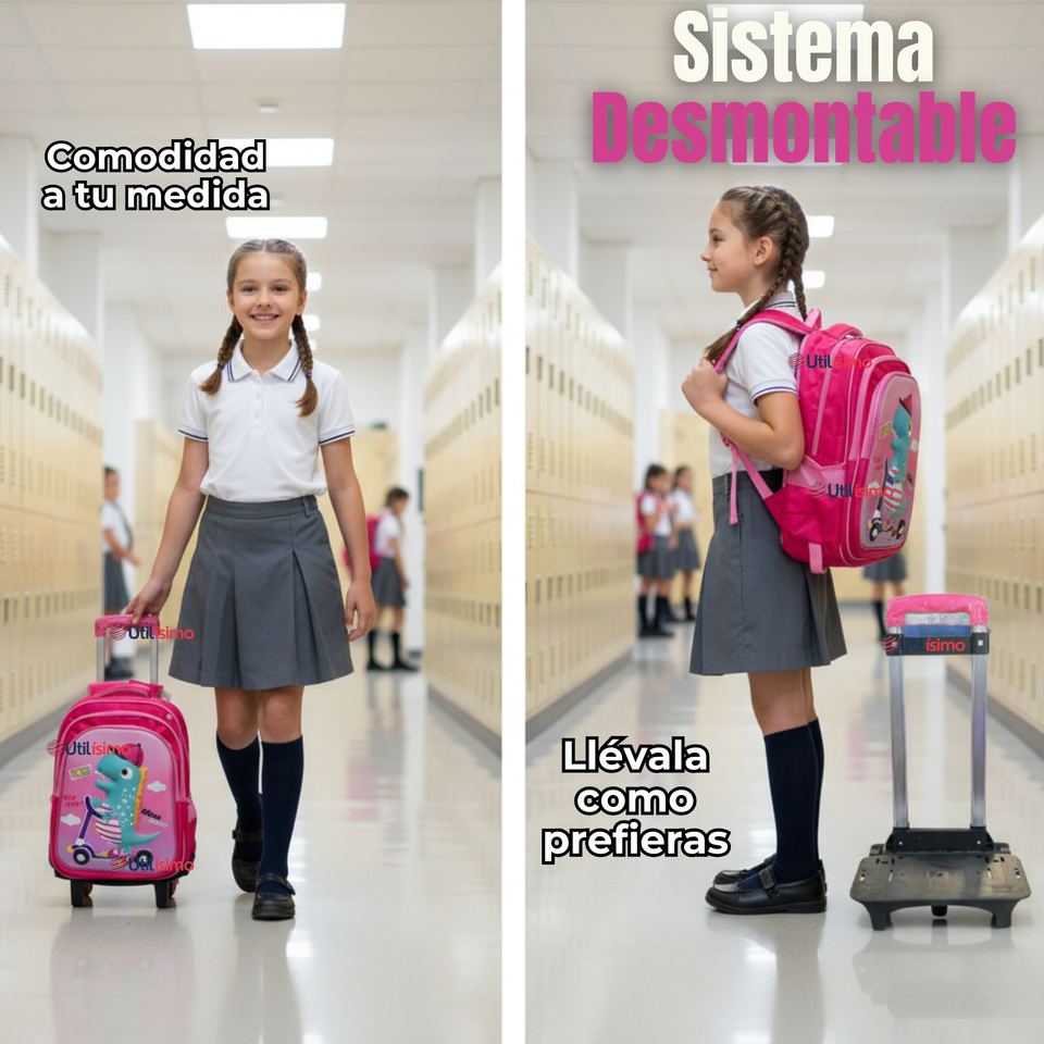 Mochila Escolar Con Ruedas + Estuche + Lonchera Poliéster Niña