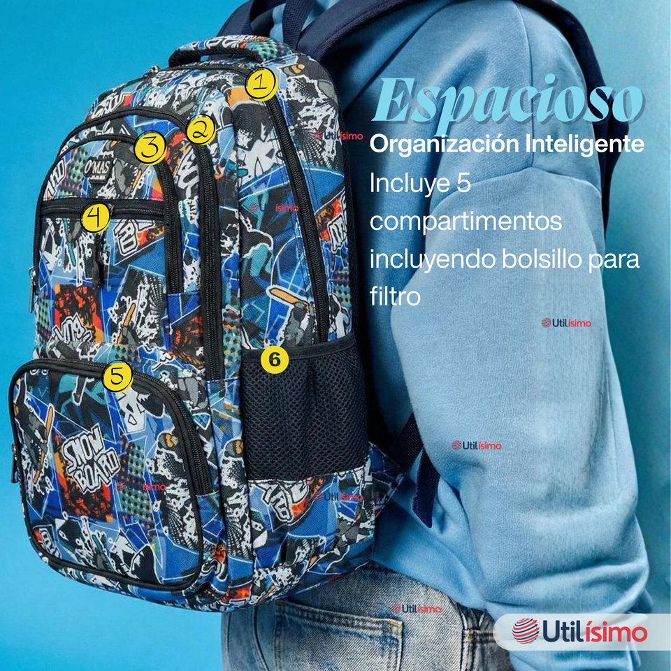 Mochila Escolar Bolso Con Estuche + Lonchera 45Cm Tela Oxford Niño Snowboard