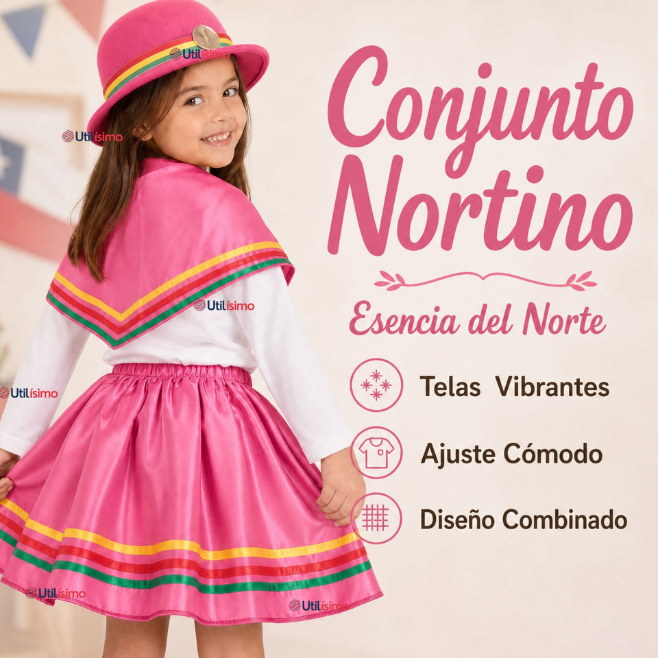 Traje Nortino Niña Fucsia 4 Piezas Con Polera Baile Típico Fiestas Patrias